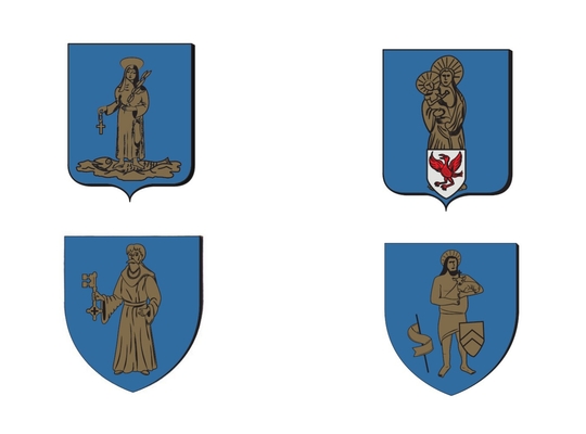 De 4 wapenschilden van de 4 dorpen in onze gemeente
